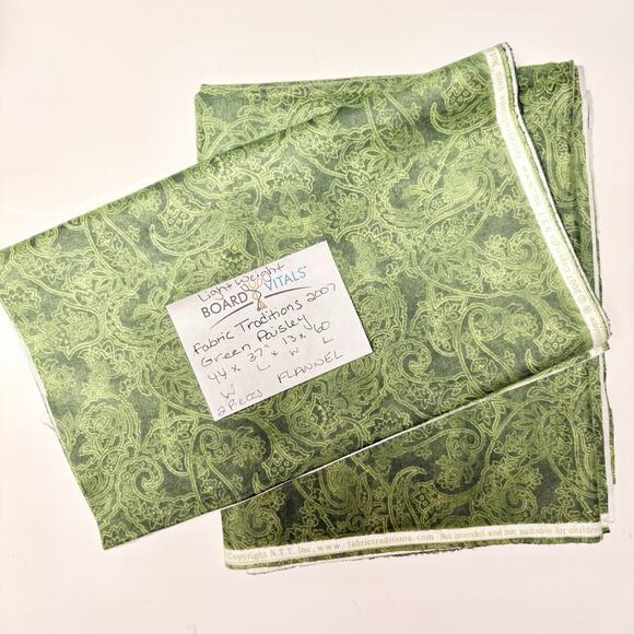 2007 Fabric Traditions Green Flannel Fabric Paisley 2 Pieces 44x37 13x60 Lightwt - Picture 1 of 2